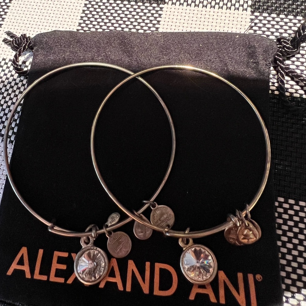 2 Alex and Ani Gold & Silver April clear stone birthstone bangle bracelets